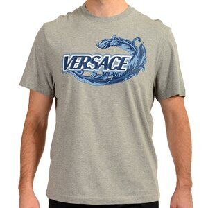 Versace Men's Gray & Blue Logo Print Short Sleeve T-Shirt US M IT 50